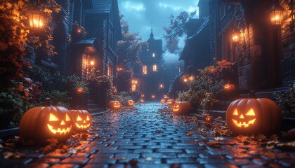 Spooky Halloween street decorated with pumpkins and lanterns
