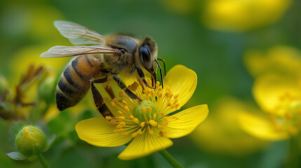 honey bee on yellow flower in the field 