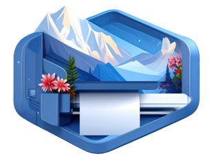 Blue emblem depicts a printer with a mountain landscape.  Flowers and greenery are integrated within the emblem's design