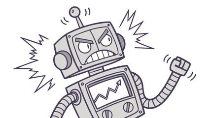 Cartoon Angry Robot with Fist Raised and Rising Graph on Screen