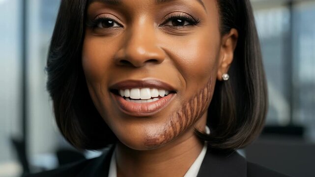 Confidence in the workplace shines through as an African American woman engages in conversation with a bold keloid scar