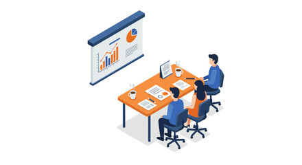 Isometric office meeting with team analyzing business growth charts on presentation screen