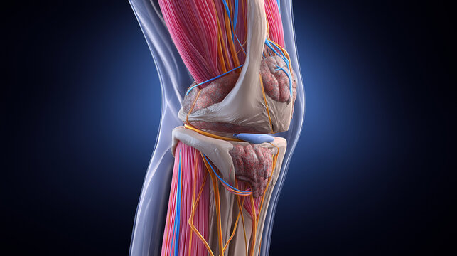 A detailed medical illustration showing knee pain anatomy, highlighting bones, ligaments, tendons, and inflamed areas with realistic anatomical labeling on blue background