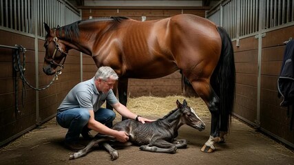 Rural vet helps horse mare deliver a foal in stable with newborn laying on ground covered in dark fur - Powered by Adobe