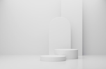 3d render of minimalist two podium showcase stage in interior room white studio and lighting for product display abstract bright background.