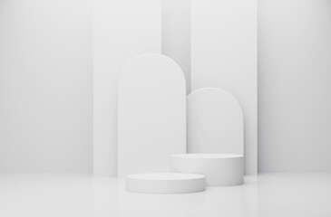 3d render of minimalist two podium showcase stage in interior room white studio and lighting for product display abstract bright background.