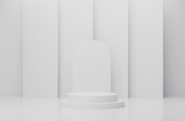 3d render of minimalist one podium showcase stage in interior room white studio and lighting for product display abstract bright background.