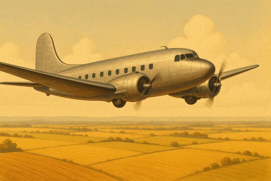 Vintage Propeller Airplane Flying Over Golden Fields at Sunset Illustration.