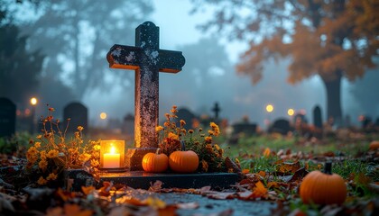 Old cemetery cross with candle and pumpkins