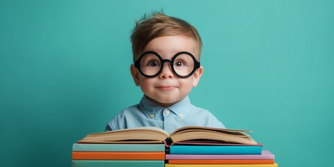 Adorable little boy with oversized glasses sitting behind a stack of colorful books open. Concept for children's education, early literacy and promoting a love of reading