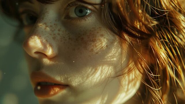 A close-up shot of a woman's face with noticeable freckles, suitable for personal or commercial use