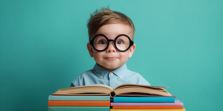 Adorable little boy with oversized glasses sitting behind a stack of colorful books open. Concept for children's education, early literacy and promoting a love of reading