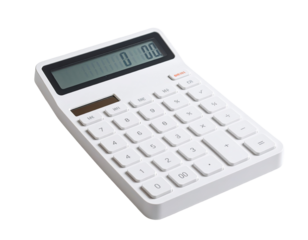 White calculator angled, showing a digital display with zero