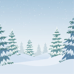 Snowy forest with snowdrifts and snow-covered spruce branches