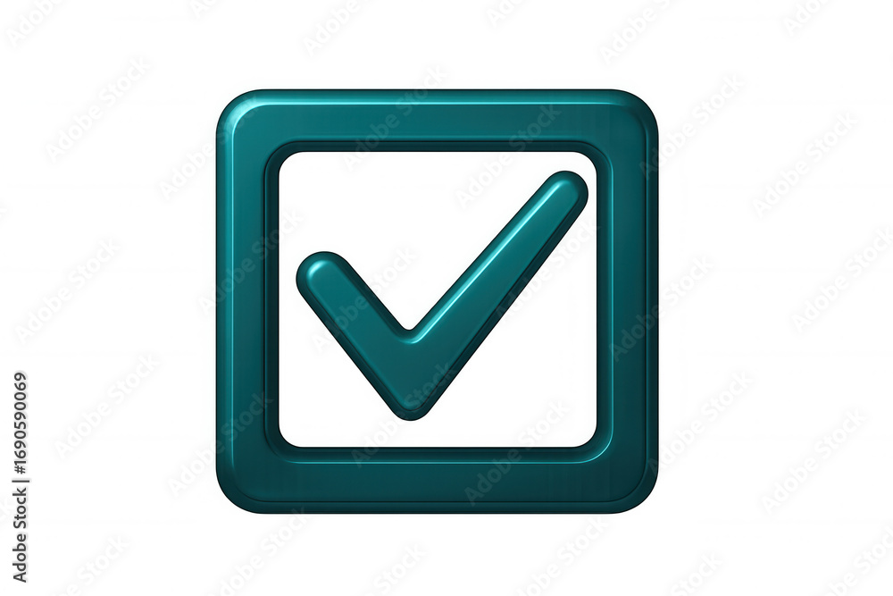 Poster teal check mark in rounded square symbolizing confirmation, approval, or completion on a transparent