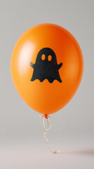 An orange balloon with a simple black flat icon of a silhouette of Halloween ghost printed on it, isolated on a white background