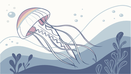 Delicate Underwater Jellyfish with Pastel Hues and Ocean Waves © Adi