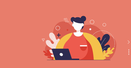 Minimalist illustration of a person working remotely on a laptop, surrounded by abstract elements, symbolizing online business, education, or freelance work.