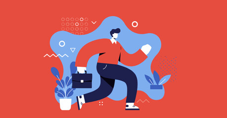 Modern illustration of a determined businessman running with a briefcase, symbolizing career ambition, urgency, professional progress, and success in a vibrant business setting.