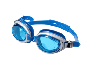 Blue and white swimming goggles, angled view