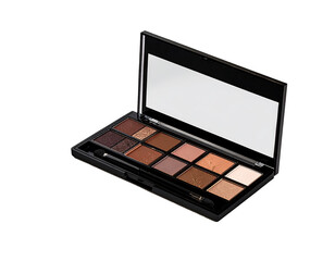 Open eyeshadow palette with neutral tones, black casing, and included brush