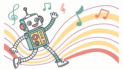 Joyful Retro Robot Dancing on Musical Rainbow Waves