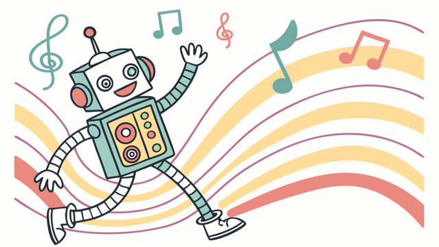 Joyful Retro Robot Dancing on Musical Rainbow Waves
