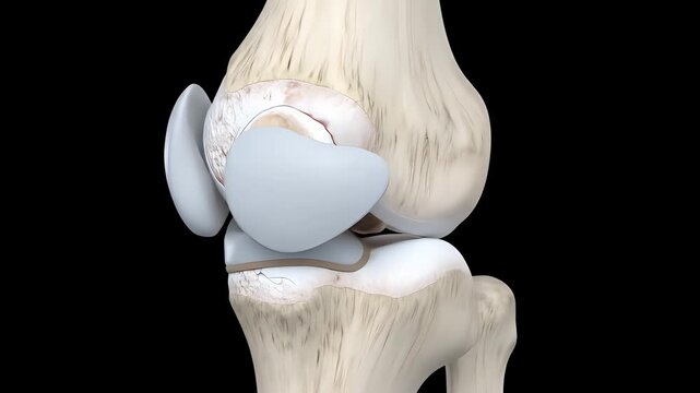 Detailed 3D Illustration of Human Knee Joint Anatomy in White and Beige on Black Background for Medical Visualization
