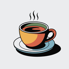 Obraz premium Yellow and red coffee cup with blue saucer and steam on white background image photo