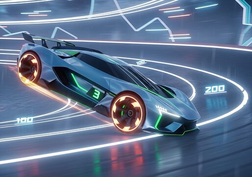 A futuristic sports car zooms around a glowing track, displaying high speed.