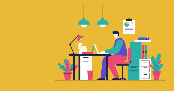Illustration of a person working remotely on a laptop at a bright home office desk, symbolizing productivity, online business, and digital work.