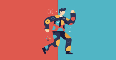Energetic businessman running forward, split between two contrasting backgrounds, symbolizing progress, challenge, or opportunity. Ideal for business, success, or lifestyle concepts.