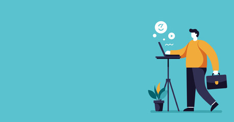 Modern illustration of a man working on a laptop, carrying a briefcase, symbolizing remote work, productivity, digital business, and creative tasks.
