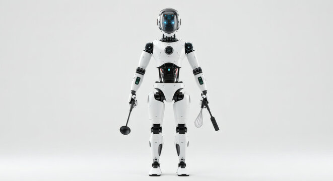 Advanced humanoid robot equipped with cooking utensils, symbolizing the future of automated domestic assistance and culinary AI technology