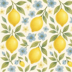 Seamless Watercolor Lemon and Flower Pattern with Green Leaves