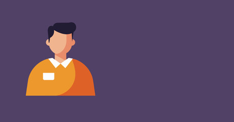Flat design illustration of a male staff member in an orange uniform shirt with a badge. Ideal for business, customer service, and professional concepts.