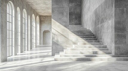 Empty light-filled concrete hall with stairs