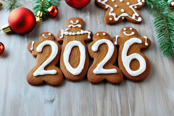 Gingerbread cookie iced number holiday cookie Christmas decoration festive background winter theme New Year celebration sweet treat rustic wood