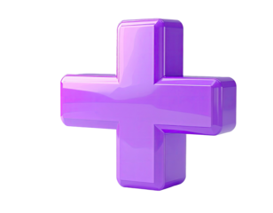 A vibrant, glossy, 3D plus sign in a purplish-pink hue