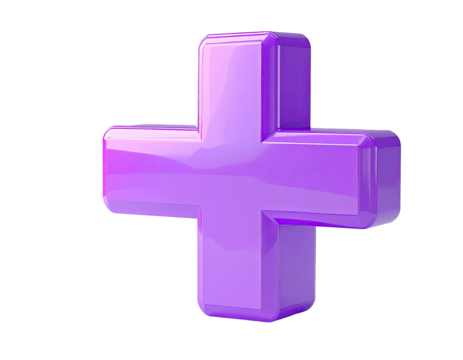 A vibrant, glossy, 3D plus sign in a purplish-pink hue