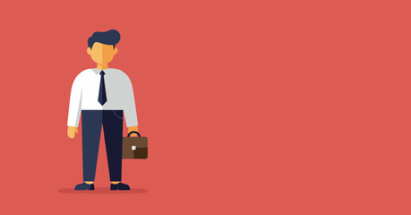 Professional businessman illustration in flat design, holding a briefcase against a simple red background with copy space. Ideal for concepts of career, success, employment, and corporate themes.