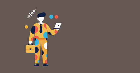 Stylish businessman in a colorful suit juggling tasks with a laptop and briefcase, representing modern multitasking and productivity in a dynamic work environment.