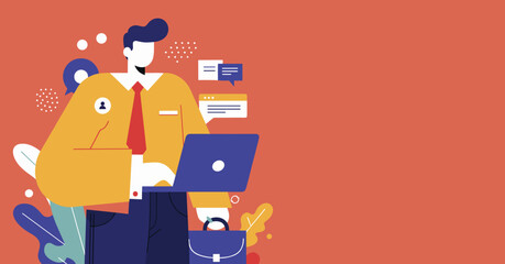 Professional businessman using laptop for online communication and work, holding a briefcase. Ideal for business, technology, and corporate themes.