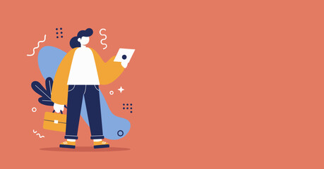 Modern illustration of a professional person holding a tablet and briefcase, ideal for business, technology, or digital communication concepts.