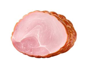 Close-up of a cured ham slice, showing a pale pink interior with a darker brown-red exterior