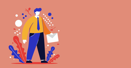 Professional man in flat illustration style holding an envelope, representing communication, message delivery, or important notification. Ideal for business, marketing, or digital concepts.