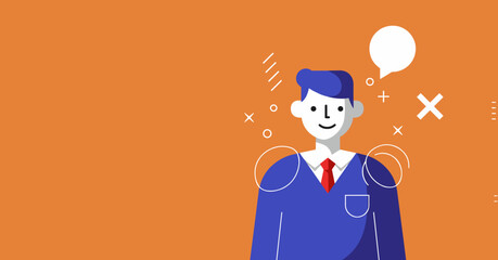 Smiling businessman illustration on an orange background with a thought bubble, representing communication, ideas, and business concepts. Perfect for corporate and lifestyle themes.