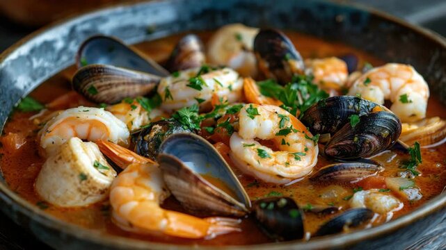 A hearty seafood soup with shrimp and clams, garnished with herbs. A flavorful twist on the classic French dish bouillabaisse.