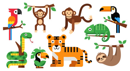 Set of Cute Tropical Animals in Flat Cartoon Style.