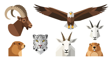 Geometric Wild Mountain Animal Heads Vector Set.